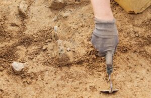 archeological tools, archeologist working on site, hand and tool.