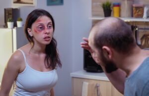 traumatised woman yelling at drunk man