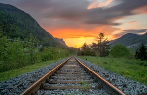 railroad tracks in the setting sun