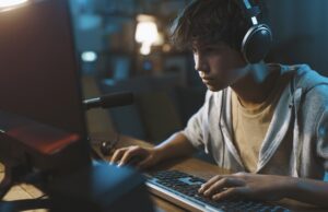 teenager wearing headphones and playing online video games