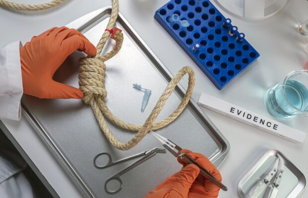 police scientist extracts dna sample from hanging victim's body, crime lab analysis, conceptual image