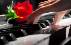 red roses on piano keys