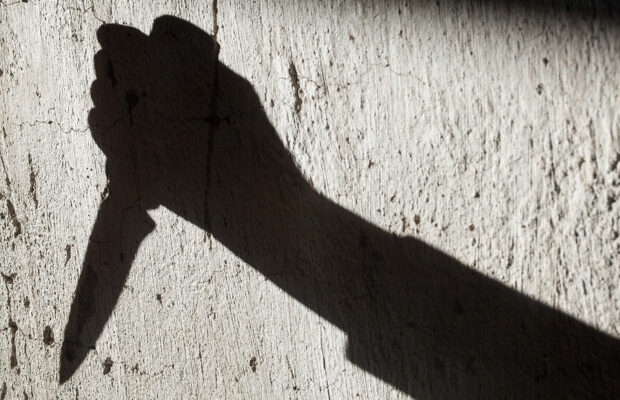 shadow of the hand holding a big sharp knife. murderer, killer o