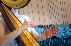 woman play the harp during a symphonic concert. close up on hands and strings.